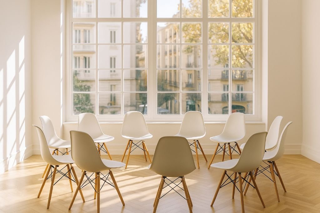 Sesión de mindfulness corporativo con profesionales sentados en círculo de sillas